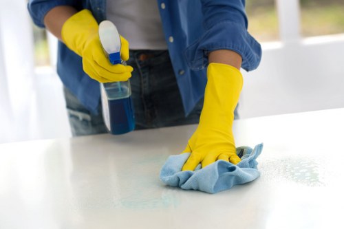 Detailed cleaning of a kitchen and washroom area in an NW1 office